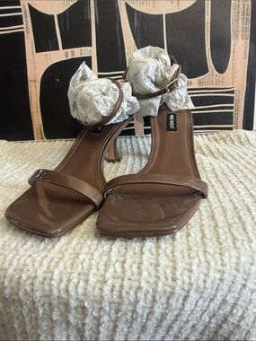 Nine West Brown Patent Square-Toe Ankle-Strap Heels